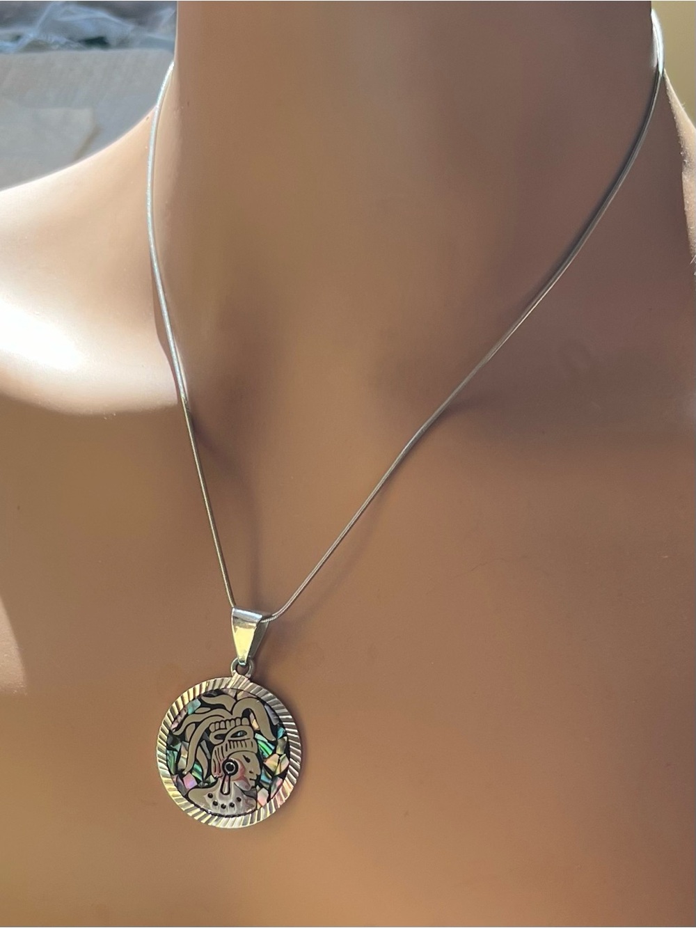 L80: 925 Silver Abalone Mayan Warrior Medallion Pendant on 925 snake chain